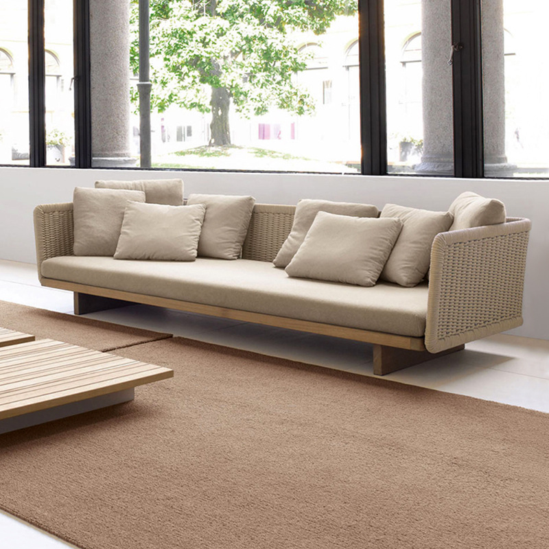 Sofá de patio exterior, conjunto de muebles para jardín y balcón, sofá de ratán y teca resistente al agua y al sol para terraza de villa.
