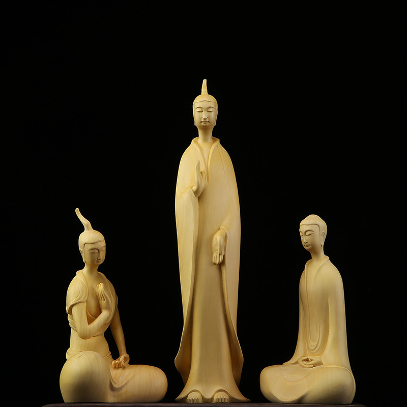 黄杨木雕古体禅意西方三圣像家居玄关装饰摆件北魏工艺品木