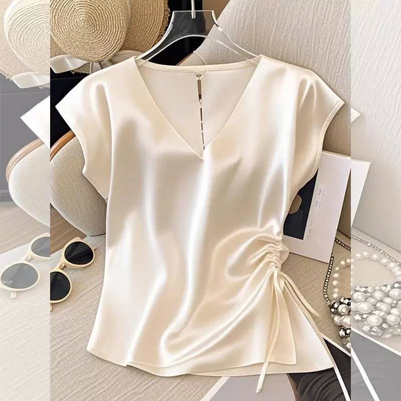 Women's V-Neck Short-Sleeved Shirt, New Summer Style, French-Style Apricot-Colored Pleated Blouse, Versatile and Stylish Top for Women Women's V-Neck Short-Sleeved Shirt, New Summer Style, French-Style Apricot-Colored Pleated Blouse, Versatile and Stylish Top for Women
