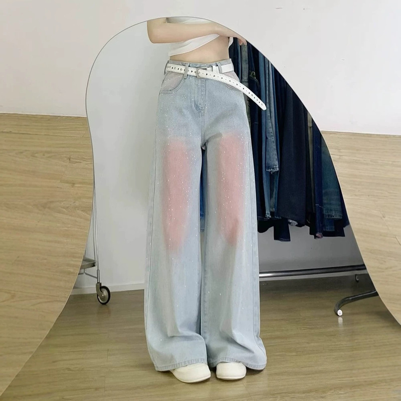 Macaron Pink Rhinestone Blush Pants Straight-Leg Jeans Spring and Summer High Street Design Youthful Cute Wide-Leg Pants for Women