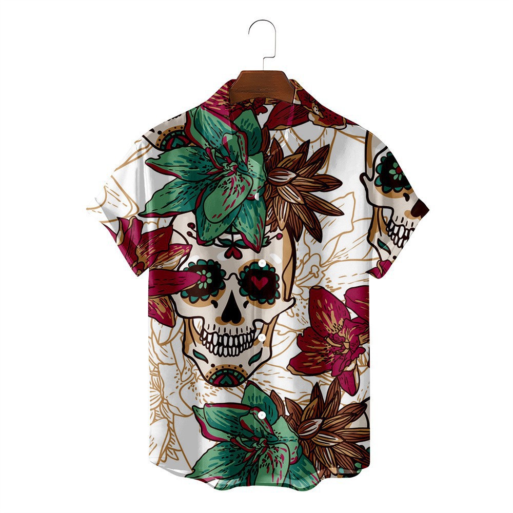 Camisa de Halloween de bala de cuatro lados de calavera digital de venta caliente para hombres con estampado transfronterizo de cuatro lados Halloween suelto casual