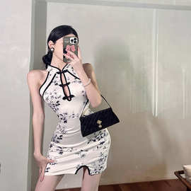 2024夏季新款辣妹改良旗袍连衣裙女无袖性感显瘦气质包臀碎花裙子