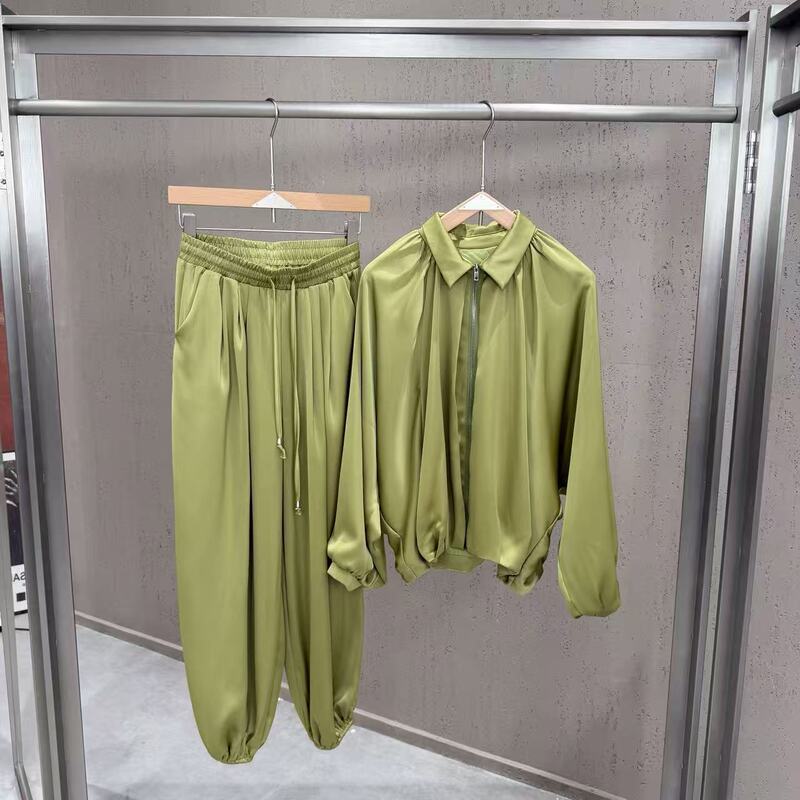 2026 Cross-Border Autumn Ins Style Maillard Style Lazy Style Satin Puff Sleeve Bomber Jacket and Lantern Pants Set
