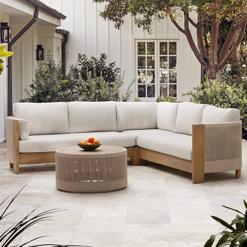 Sofá al aire libre de teca, patio, balcón, ocio, combinación de ratán de madera maciza, terraza de villa al aire libre, silla de ratán impermeable y de protección solar