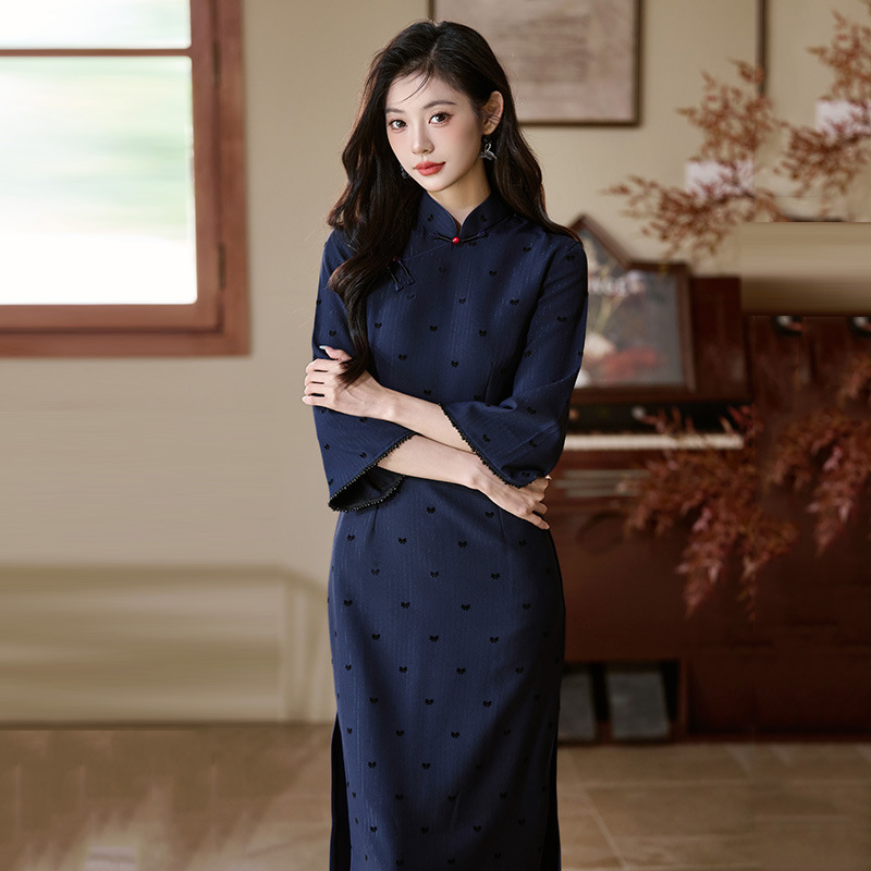 粉色蓝色国风中式长款秋季长袖旗袍改良年轻款女复古修身收腰春秋|undefined