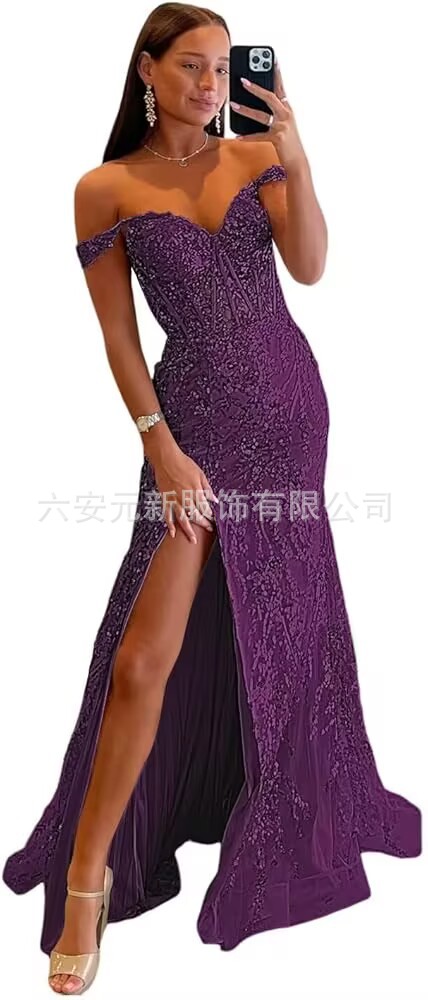 Comercio exterior europeo y americano Amazon hombro abierto vestido de baile largo de diafragma de encaje decal de mujer vestido de noche de cola de pescado