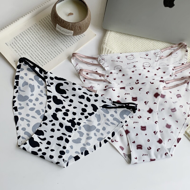 High-Slit Long-Leg Sexy Hollow-Out Panties for Girls, Ice Silk One-Piece Printed Cow Pattern Student Briefs High-Slit Long-Leg Sexy Hollow-Out Panties for Girls, Ice Silk One-Piece Printed Cow Pattern Student Briefs