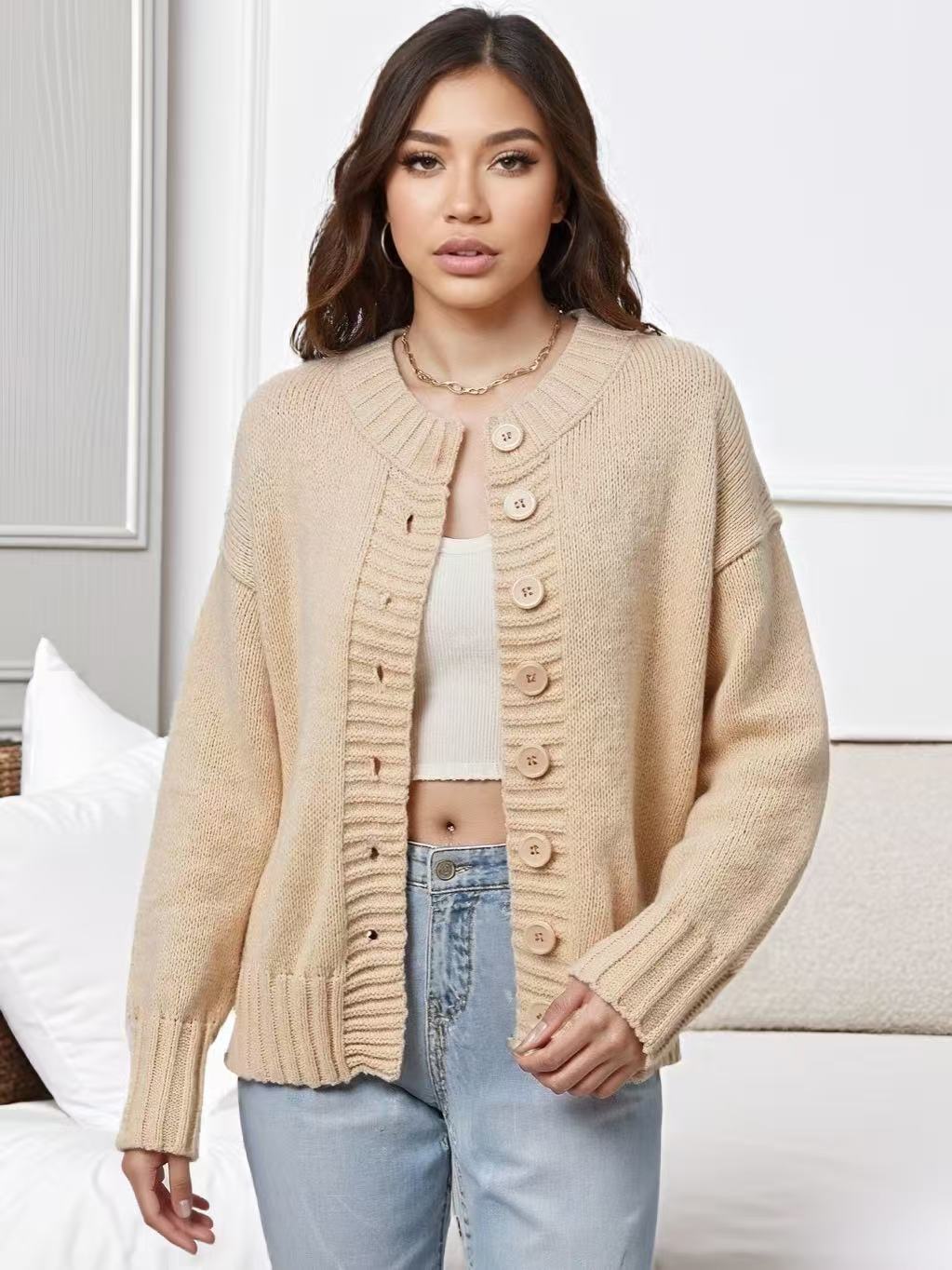 Cross-Border Amazon Autumn and Winter New Casual Street Thick Knitted Cardigan Round Neck Single-Breasted Solid Color Sweater Jacket