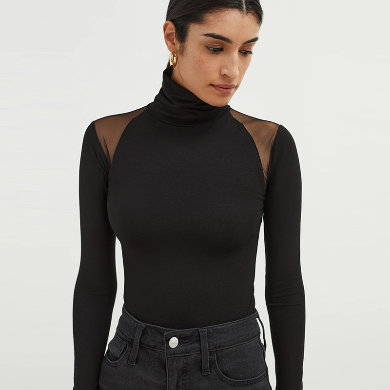 Mono de manga larga elegante y ajustado con cuello alto y malla, de alta elasticidad, para mujer, venta al por mayor, éxito de ventas transfronterizo en Europa y América.