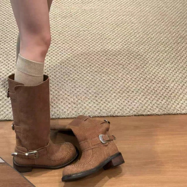 磨砂复古长筒靴女2025秋季新款皮带扣骑士靴不过膝两穿靴子长靴潮|undefined