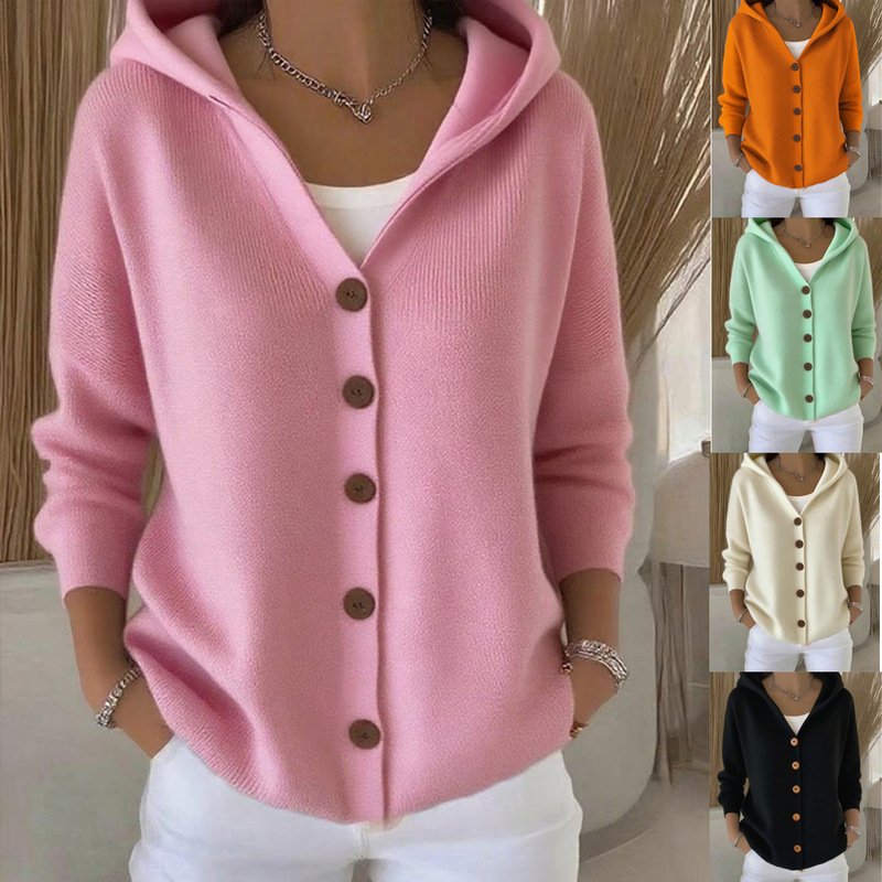 2026 European and American autumn/winter women's hooded knit cardigan, solid color, single-breasted, loose-fitting outerwear, casual sweater for cross-border sales 2026 European and American autumn/winter women's hooded knit cardigan, solid color, single-breasted, loose-fitting outerwear, casual sweater for cross-border sales