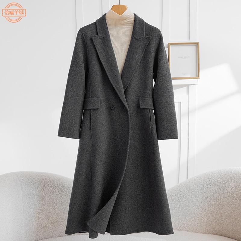 新款秋冬韩版羊毛呢加长款双面呢零羊绒大衣女西装领正肩时尚外套