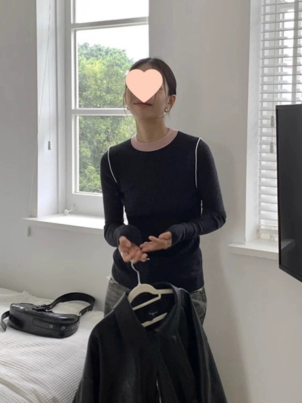 圆领拼接撞色打底针织衫女2025春秋内搭别致绝美修身显瘦长袖上衣|undefined