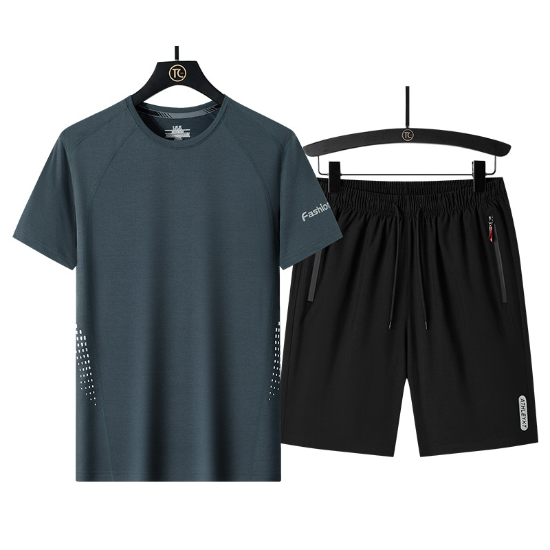 Traje deportivo de verano para hombres delgado seda de hielo casual manga corta dos piezas grandes pantalones sueltos transpirables rápidos secos para papá