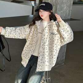 女童秋冬加绒外套中大童韩系卡通印花秋冬新款长袖连帽卫衣两件套