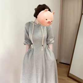 小个子灰色连帽长袖连衣裙女深秋初冬季2025新款韩系穿搭卫衣长裙