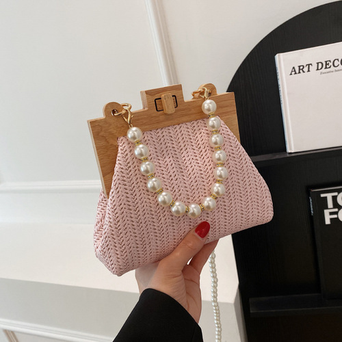 Summer Popular Casual Matchable Pearl Tote Bag for Women  Korean Style Grass Weave Small Square Bag