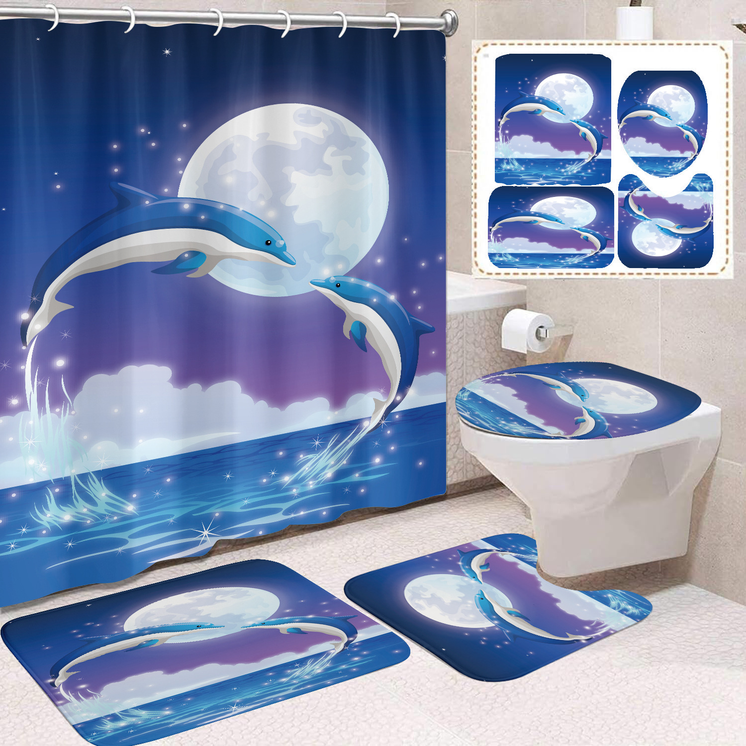 Cortina de ducha transfronteriza con diseño de delfines azules, estampada digitalmente, de poliéster, sin perforaciones, para baño, decoración del hogar image 61