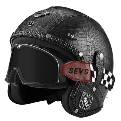 Motorcycle Safety Supplies, Leather Helmet Riding 3/4 Half - 555-leather-helmet-black-crocodile-large-frame-goggles-black-mirror-s