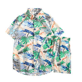 批发泰国夏威夷海边沙滩度假休闲套装男ins复古港风碎花短袖衬衫