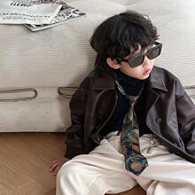 男童皮衣外套春秋款2025新款秋季复古儿童帅气夹克衫上衣翻领皮衣