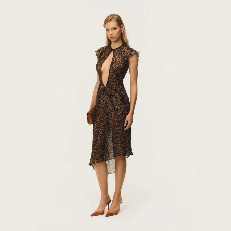American Retro Brown Leopard Print Chiffon See-Through Dress with Deep V-Neck, Front Twist, Irregular High-Low Hem, and Sexy Long Skirt