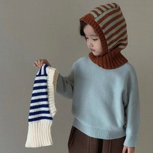 韩国风儿童针织连体帽子围脖男童秋冬毛线套头帽宝宝条纹包头帽潮