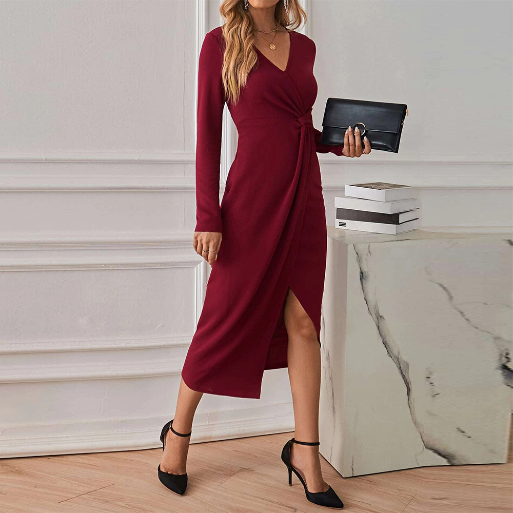 V Neck Midi Dress Elegant Long Sleeve Side Slit French Style Perfect for Parties and Events Wholesale Available