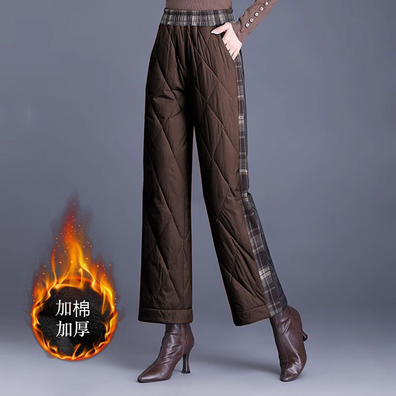 羽绒棉裤女士冬季新款高端外穿加厚保暖时尚格纹拼接阔腿裤子