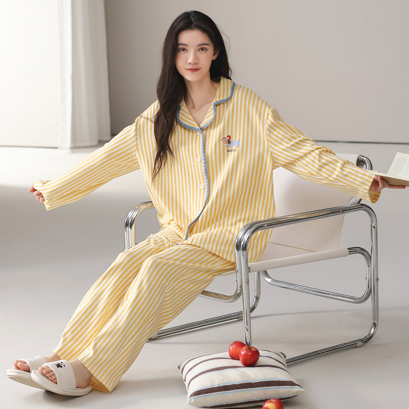 Women's pure cotton pajamas 2026 new model, long-sleeved spring and autumn women's all-cotton turn-down collar cardigan striped home wear set Women's pure cotton pajamas 2026 new model, long-sleeved spring and autumn women's all-cotton turn-down collar cardigan striped home wear set