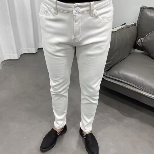 Men's White Pants with a Refined Style, Simple Summer Trendy Business Cotton Mini Straight Leg Jeans, Tailored 9/10 Length