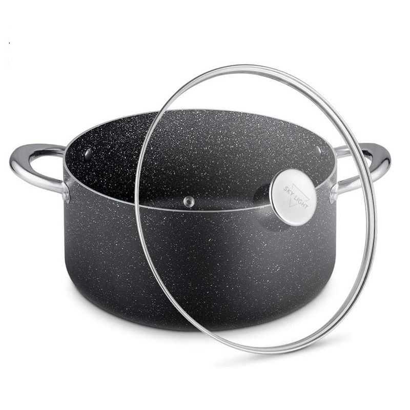 Amazon proceso de disparo de aluminio recubrimiento de mármol antiadherente conjunto de utensilios de cocina de cobre de fondo doble para el hogar