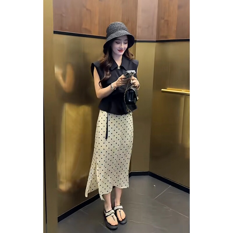 夏服、女性用新作ウエスト黒ニッチストラップシャツ、水玉スカート、ツーピーストレンドセット|undefined
