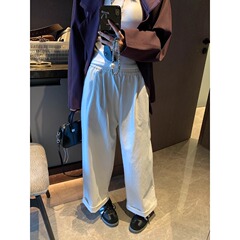 摩且 挚爱版型 韩系简约松紧高腰显瘦休闲直筒卷边阔腿裤 MQ0746