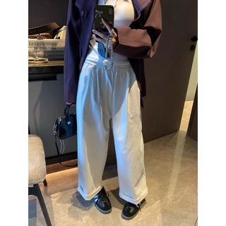摩且 挚爱版型 韩系简约松紧高腰显瘦休闲直筒卷边阔腿裤 MQ0746