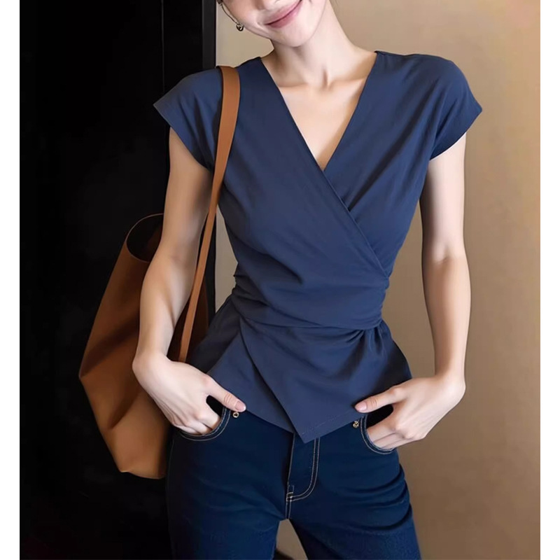 2026 Summer Stylish and Unique Design Beautiful Tops for Important Occasions Blue V-Neck T-Shirt for Women 2026 Summer Stylish and Unique Design Beautiful Tops for Important Occasions Blue V-Neck T-Shirt for Women