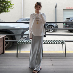 韩系早秋穿搭新款慵懒风宽松白色字母长袖t恤女上衣微透薄款批发