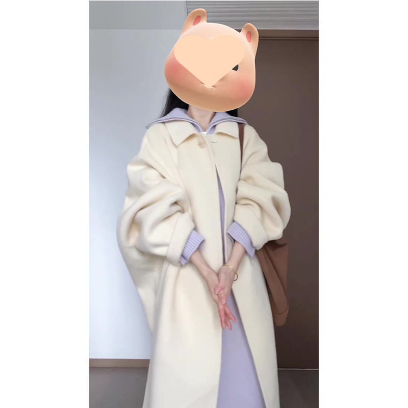 温柔风单扣长款毛呢大衣外套两件套女冬季翻领宽松长袖针织连衣裙