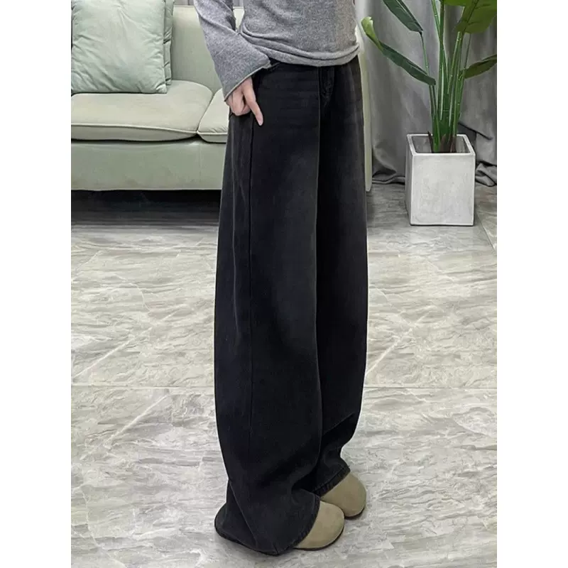 复古阔腿牛仔裤女秋冬加绒高腰显瘦大码宽松加厚直筒垂感拖地长裤