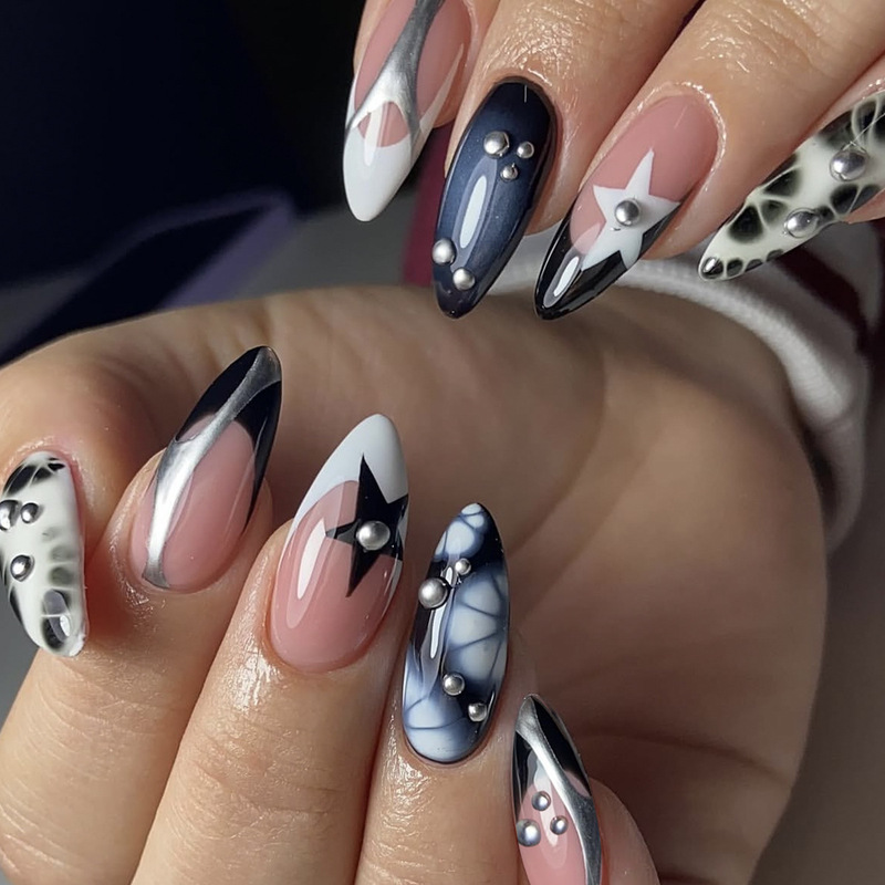 Wearable Almond-Shaped Black and White Star Silver-Gray Irregular Line Steel Bead Decoration Removable Fake Nail Patches