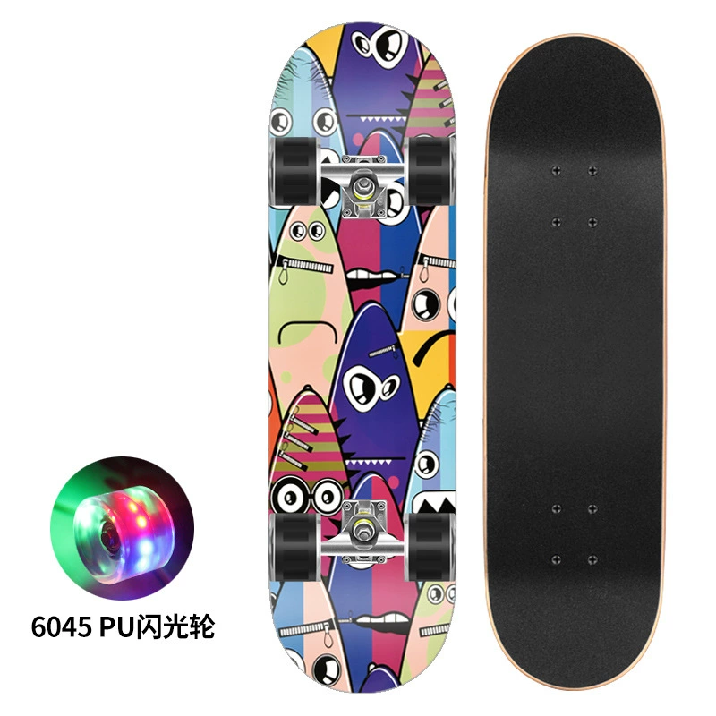 Polyurethane flash skateboard, 80×20 cm, double-kick deck, 6045 PU wheels, 300 lb load