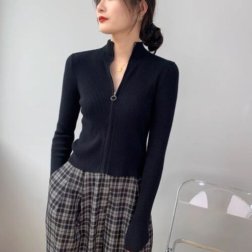 Short zipper stand-neck retro French casual lazy sweater coat Small figure slim-fitting knitted cardigan