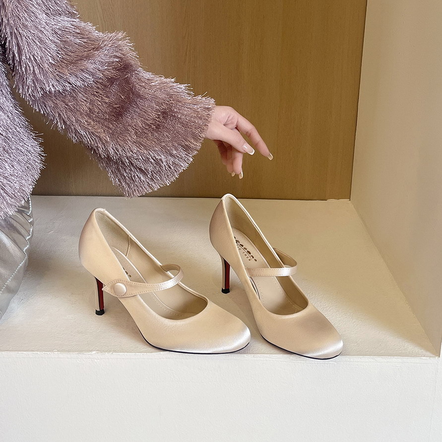 2615 French style silk ribbon Mary Jane shoes, single shoes, women's round toe versatile, slim heels, shallow mouth temperament high heels