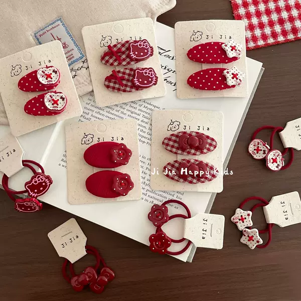 Excellent New Year Red Polka Dot Plaid Hair Clip, Cute Cat Bow Bb Clip, Non-Damaging Hair Tie for Children