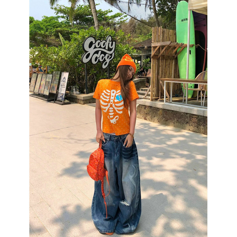 American Street Style Skull Print Short-Sleeved T-Shirt for Women, New Summer Style, Orange Polka Dots, Loose and Versatile, Hot Girl Style