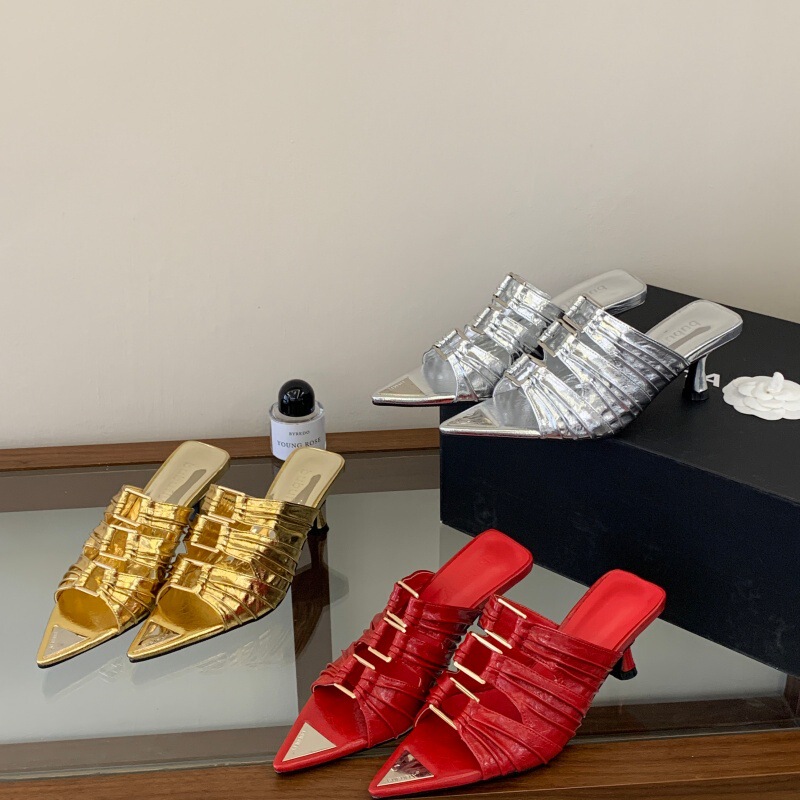 European and American Style Pointed-Toe Metal-Embellished Pleated Square Buckle Cut-Out Open-Toe Stiletto Mid-Heel Slip-On Sandals