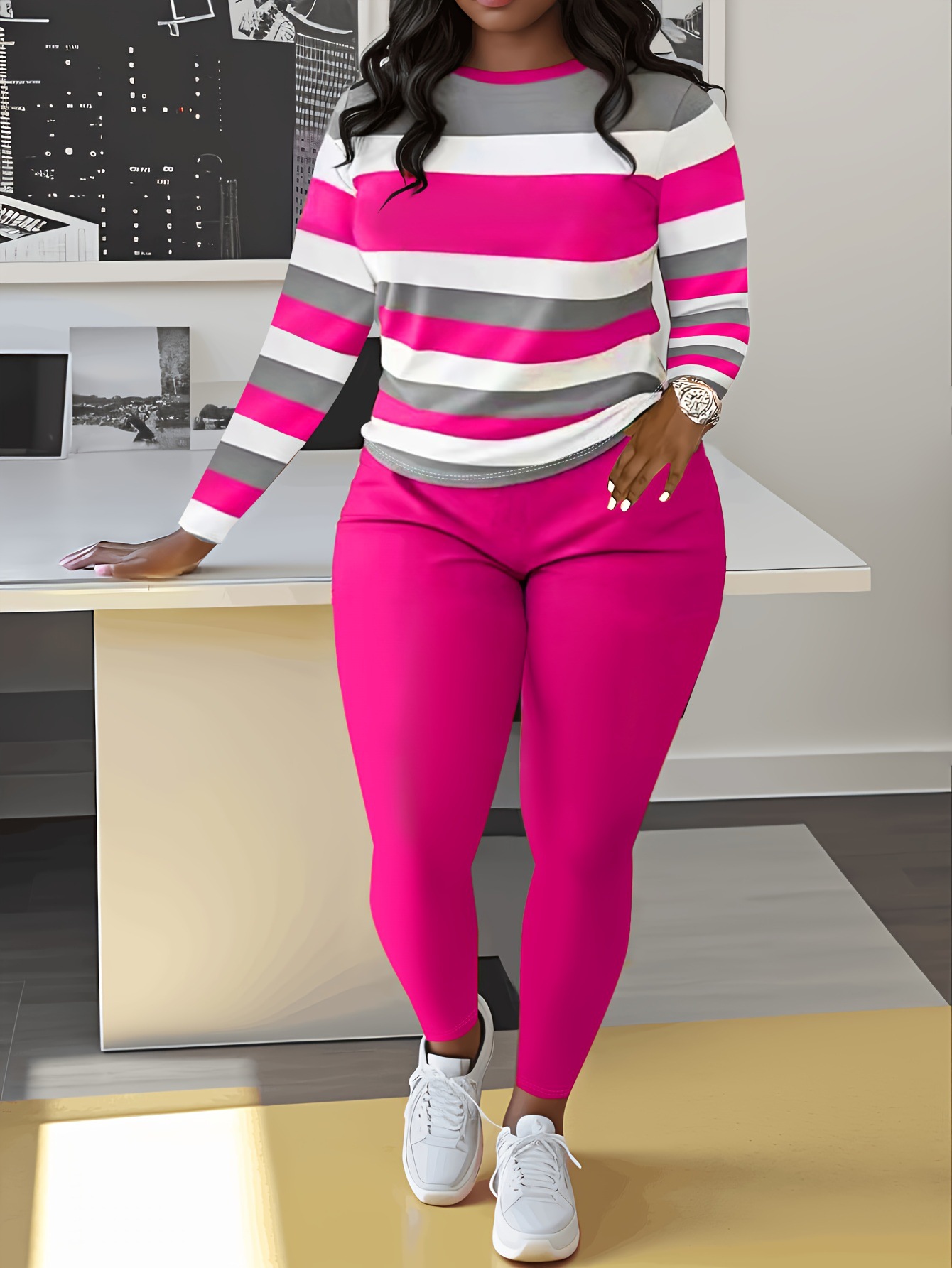 Women's Two-piece Pant Set Long Sleeve Striped Colour Block Outfit_voghion.com