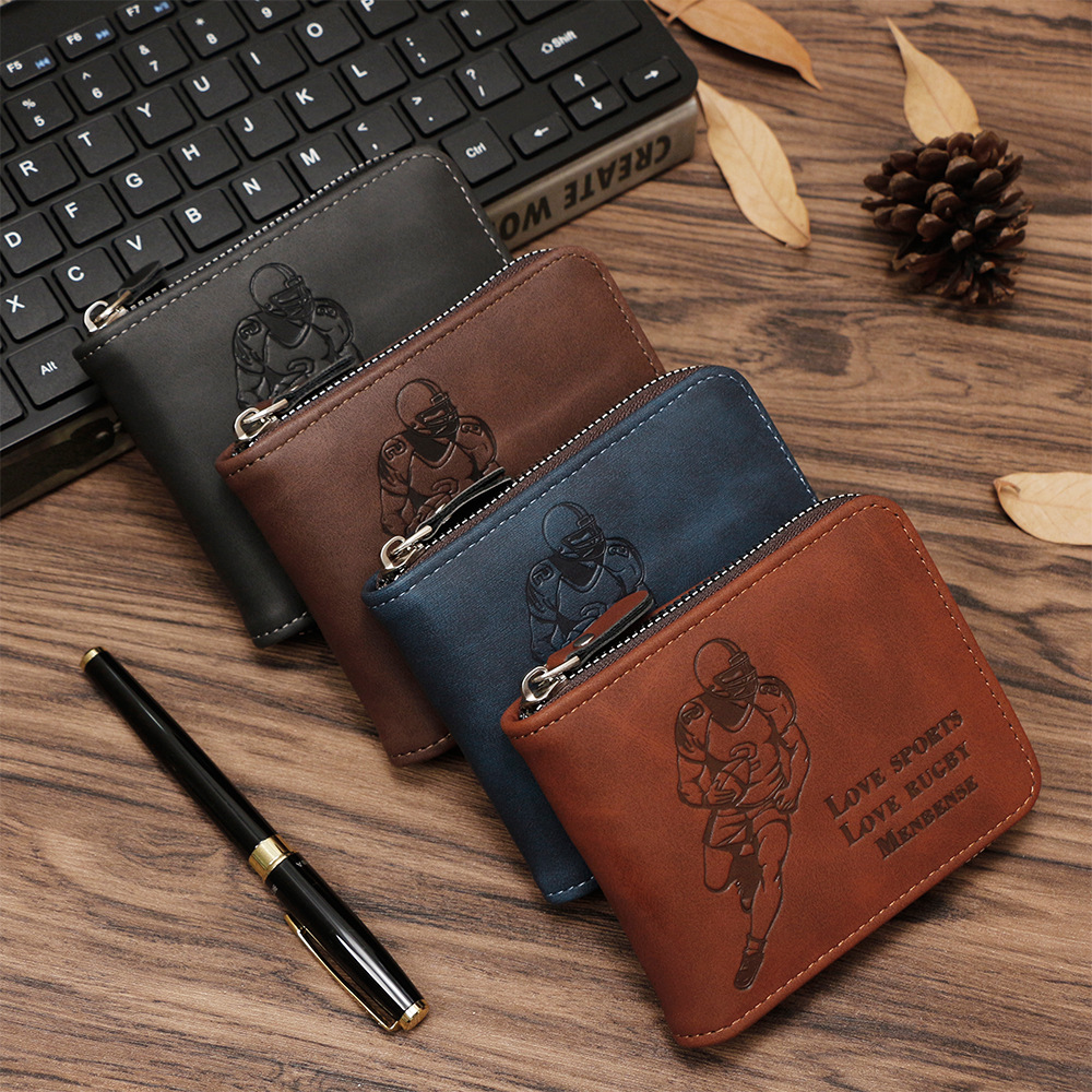 Cartera de hombre retro transfronteriza tres plegables estampado jugador de rugby multi-tarjeta billetera brazalete