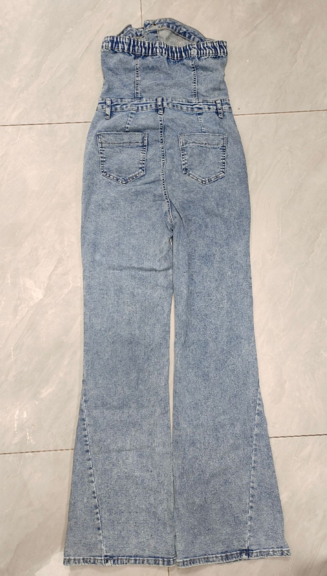 Vintage Denim Jumpsuit For Women - High-Waisted Flared Romper With Stretch, Off-Shoulder Boob Tube Design_ecoleips.com