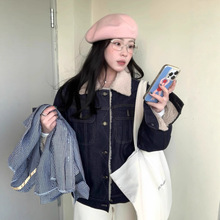 美式复古羊羔毛牛仔外套女冬季小个子加绒保暖羊羔绒工装夹克棉衣